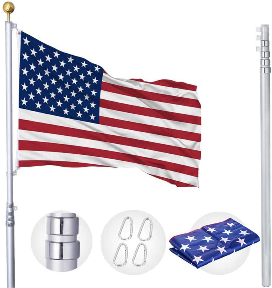 16FT Sectional Flag Pole W/ 3'x5' US American Flag and Ball Top Kit Flagpole 