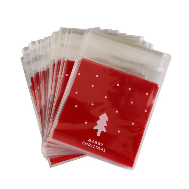 100pcs Celofán Navidad Autoadhesiva Dulce Galleta Bolsa De Dulces Árboles de navidad rojos Colco Bolsas para galletas