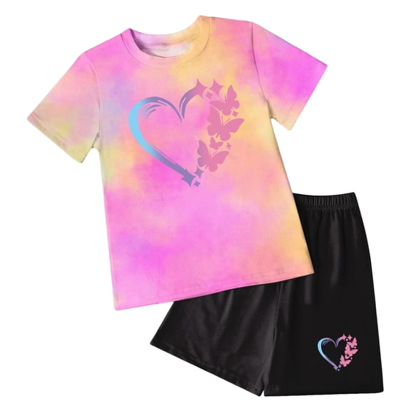Girls Shorts Sets Size 5 Kids Kids Girl Clothes Tie Dye Heart Print Short Sleeve Top and Shorts Toddler Girl Summer Outfits Short Set