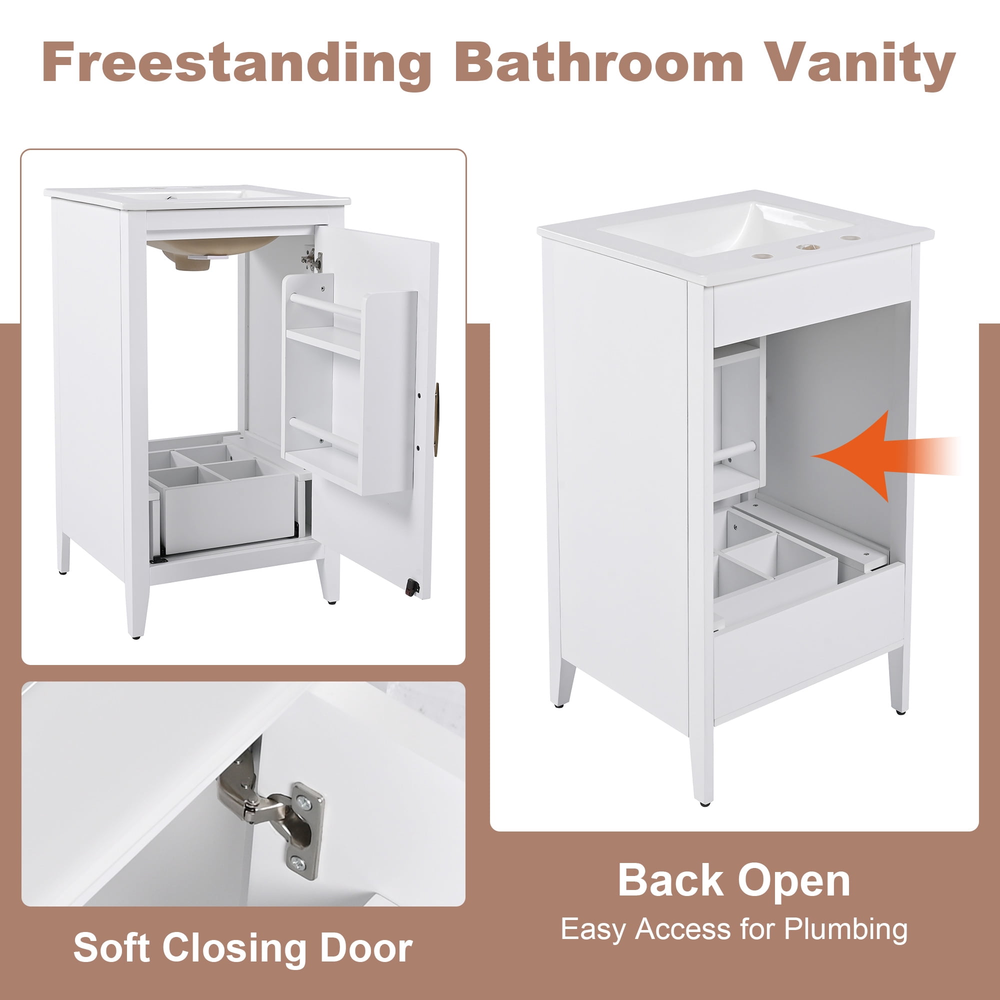 Leumius 20.3" Modern Bathroom Vanity with Sink, Functional Drawers & Built-in Door Shelves, Premium Soft-Close Doors - Sleek Space-Saving Design.White