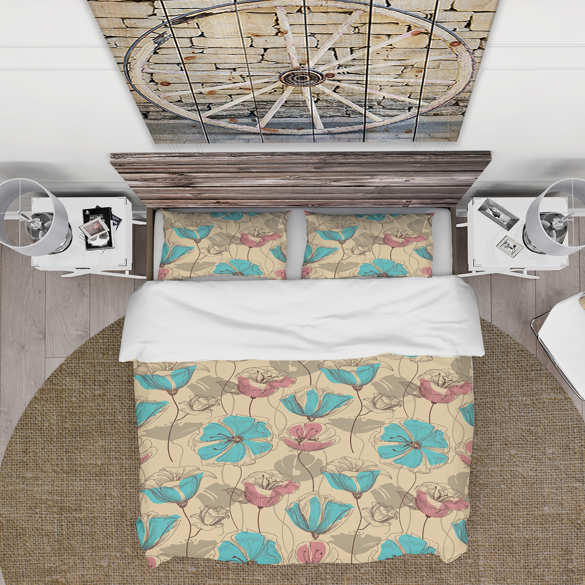 Designart 'Retro Drawing Flowers in Pink and Blue' Floral Duvet Cover Set