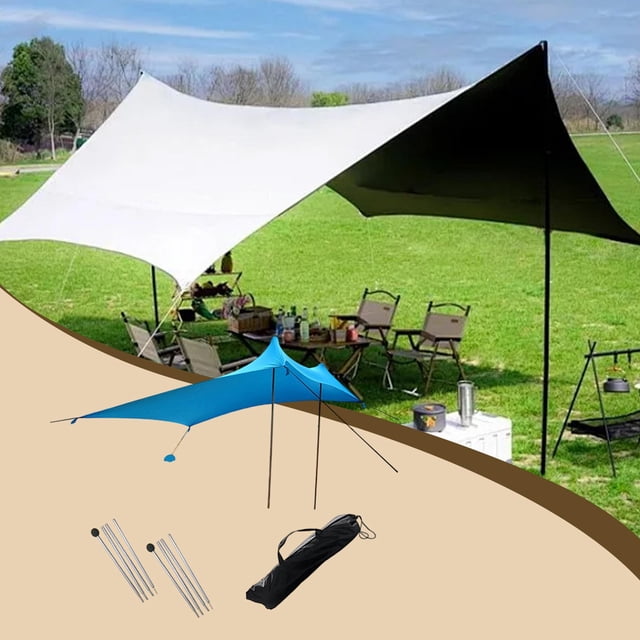 Toldo de playa con protección solar, cuerdas resistentes al viento, aislamiento térmico, refugio solar exterior con 2 postes para artículos esenciales Azul