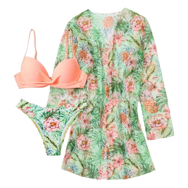 Gibobby Conjunto de traje de baño de bikini Traje de baño para mujer Cubrirse Sexy Frente abierto Bikini de playa Traje de baño Kimono Cubrir Ropa de pla(Naranja,M)