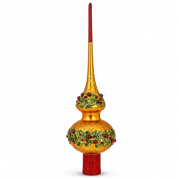 Poinsettia Flowers with Pearls Gold Glass Christmas Tree Topper 11 Inches