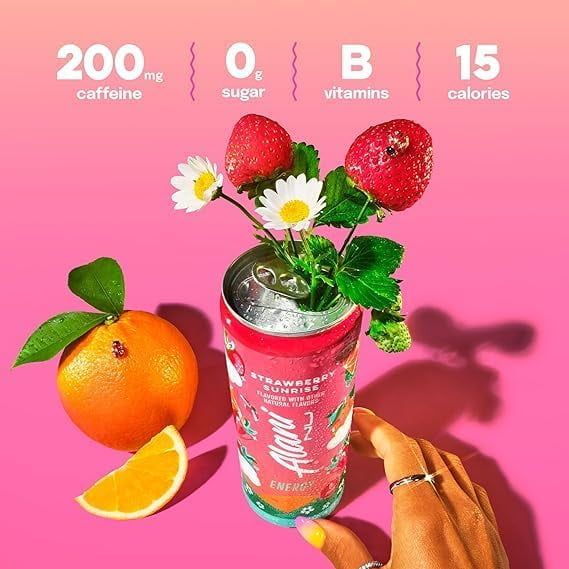 New Alani STRAWBERRY SUNRISE Sugar Free, Low Calorie Energy Drinks, 200mg Caffeine, 12 Fl Oz Cans, 6 Pack