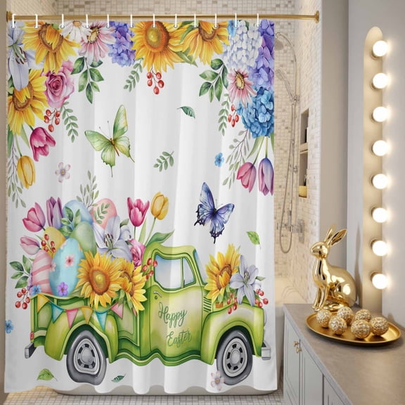 Shower Curtain, Spring Easter Green Truck Flower Waterproof Shower Curtain Set with Hooks for Bathroom Showers,Stalls and Bathtubs,72x72In Tulip Sunflower Butterfly