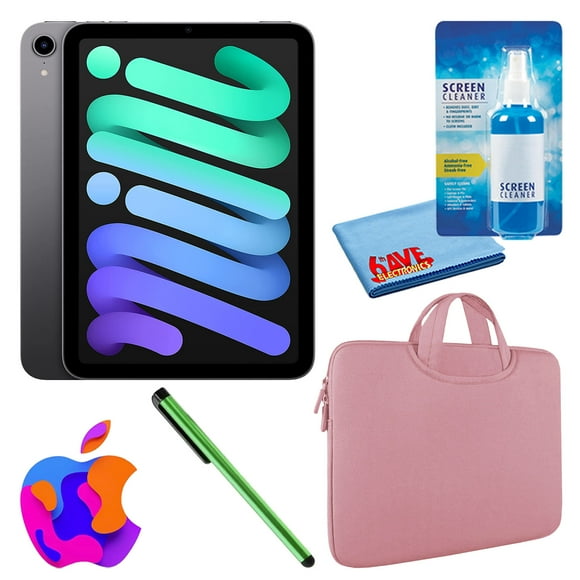 Apple iPad Mini 6 (2021, 64GB, Wi-Fi, Space Gray) (MK7M3LL/A) Bundle with Pink Zipper Sleeve + Screen Cleaning Kit (Refurbished)