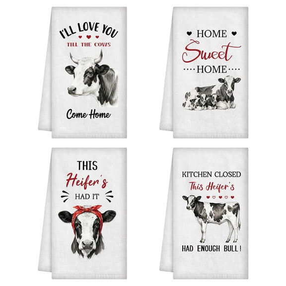 4Pcs Funny Cows Hand Towels Vintage Cow Farmhouse Kitchen Dish Towels 24 x 16 Inch Animal Microfiber Absorbent Soft Hand Tea Dishcloths