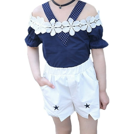 

Girl Summer Clothes Set Baby Girl Top Shoulder Short Sleeve + Lace Off Kids Shorts Shirt Teenage Summer