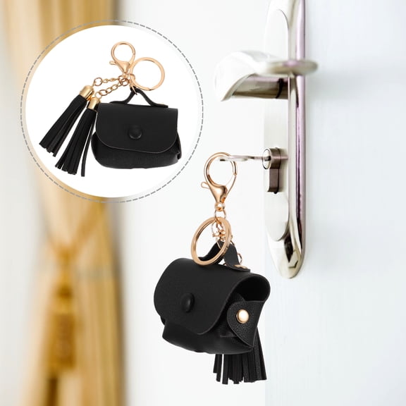 KALLORY 1Pcs Tassel Bag Design Black PVC Earbud Case Keychain for Hiking and Biking