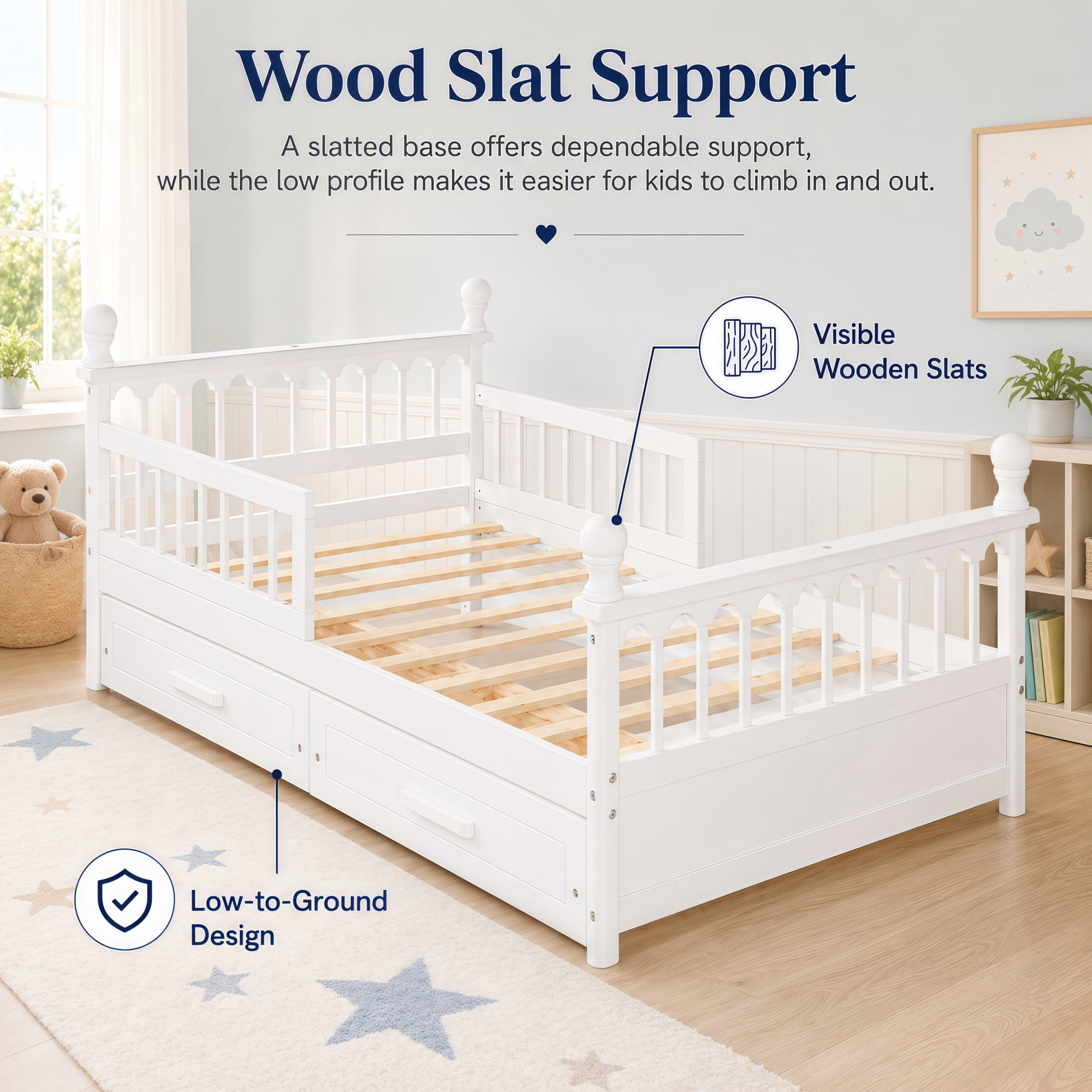 Noble House Orielle Full Kids Bed Frame with Storage Drawers, Low-Profile Platform Bed with Safety Guardrails, White