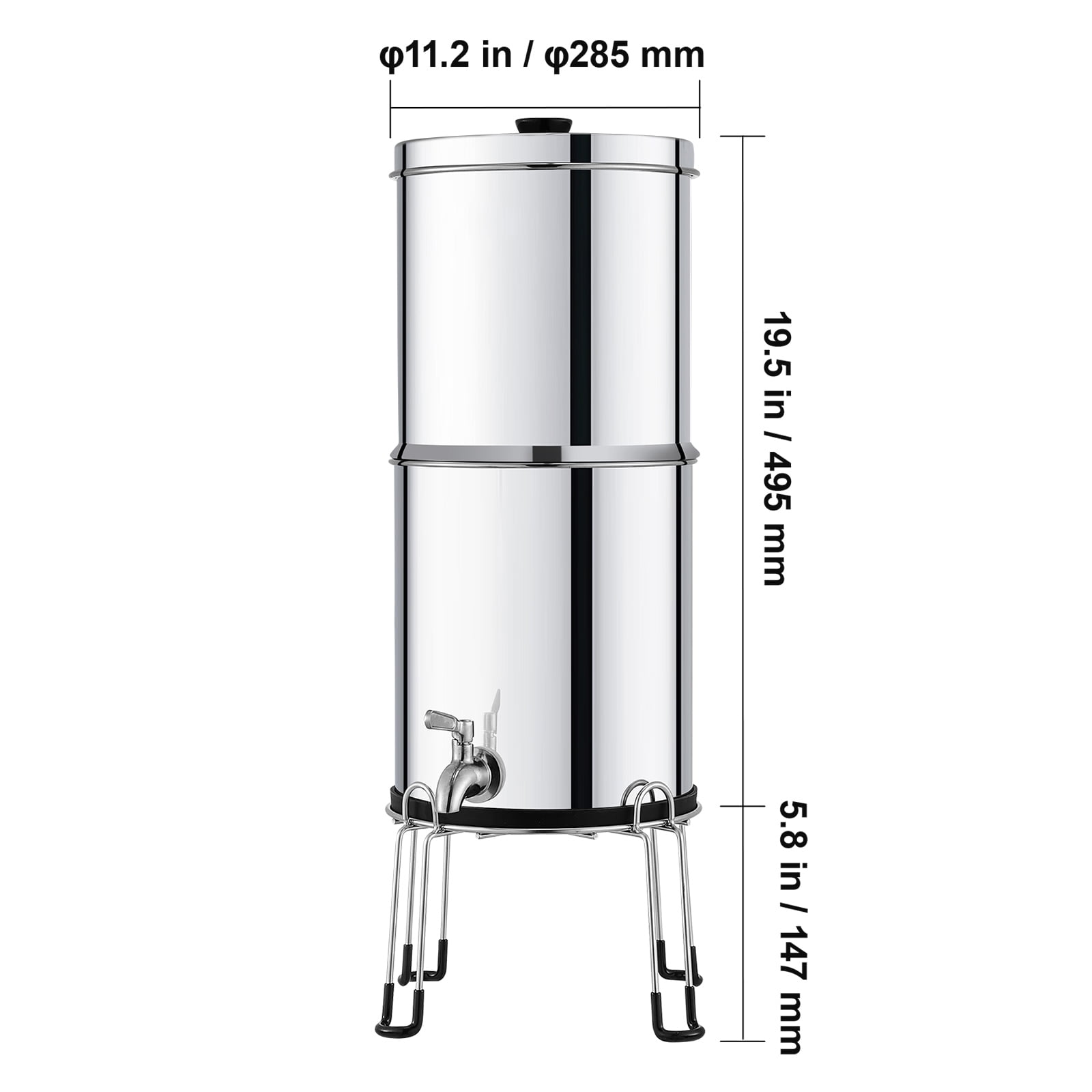 KFFKFF Water Purification Unit, Gravity-Driven, 2.25G 304 Stainless-Steel Tabletop Water Cleaner, Minimizes Lead and up to 99% of Chlorine, Includes 2 Ceramic Carbon Filters, Faucet, and Support