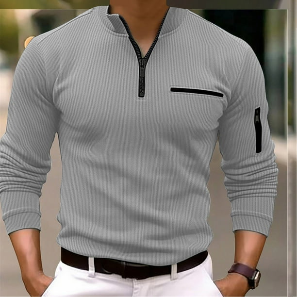 pstuiky Camiseta de manga larga con cremallera 3/4 para hombre, con cremallera en el brazo, camiseta deportiva de manga larga a rayas para hombre