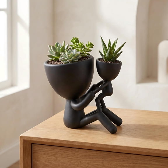 Fountwell Modern Mother Child Mini Succulent Planter Black Ceramic Human Shaped Flower Pot Indoor Decor Gift