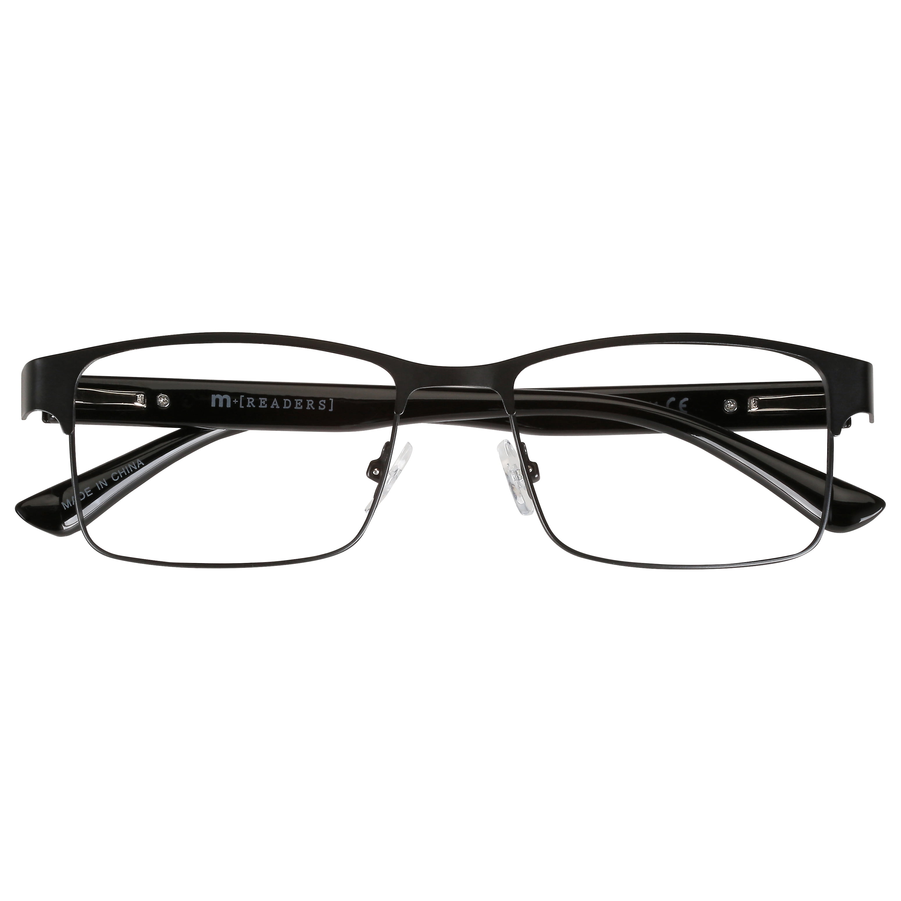 M+ Mens Rectangular Flat Metal Reading Glasses 1.50 Ash in Classic Matte Black