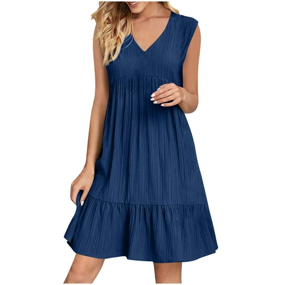 hoksml Women Pleated Flowy Dresses Summer V-neck Loose Solid Color Casual Boho Dress High Waisted Sleeveless Beach Dress 2025 on Clearance