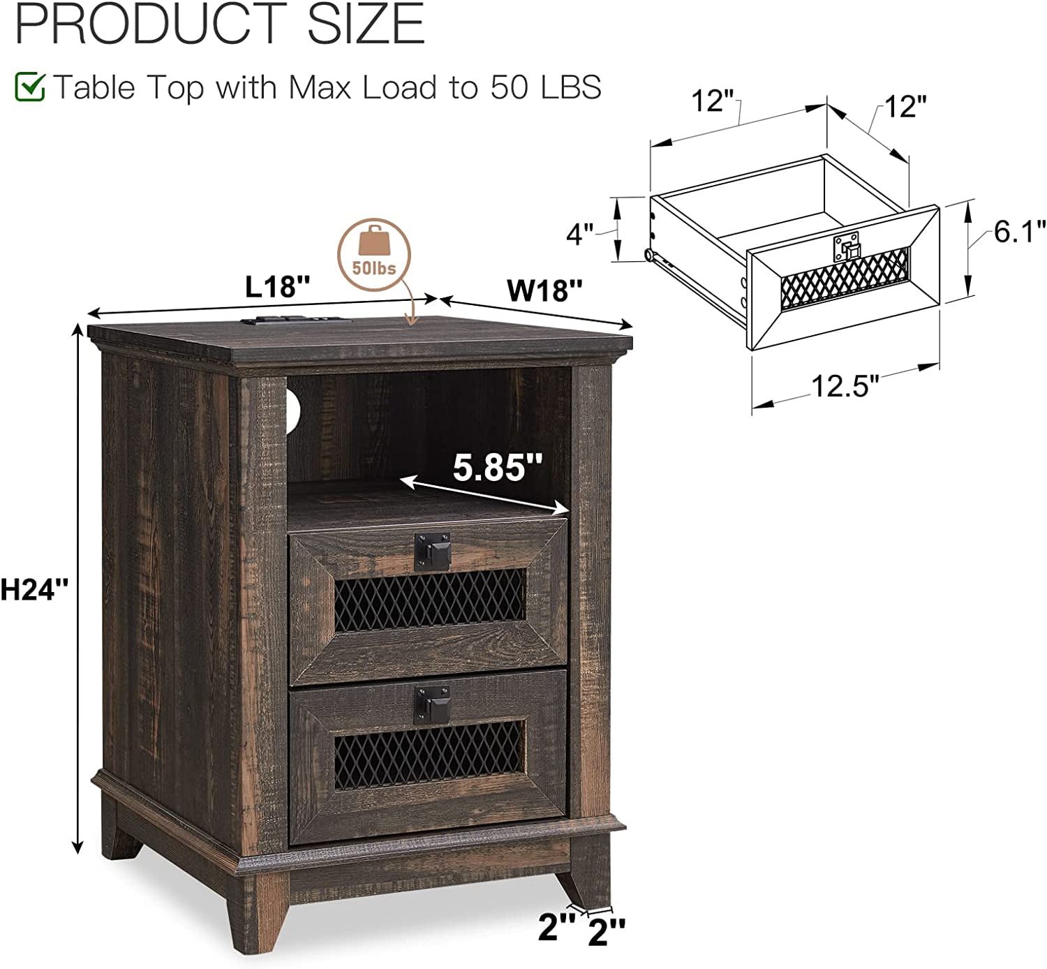 OKD 2-Drawer Wooden End Table with Charging Station for Living Room, Modern Square Nightstand, Dark Rustic Oak