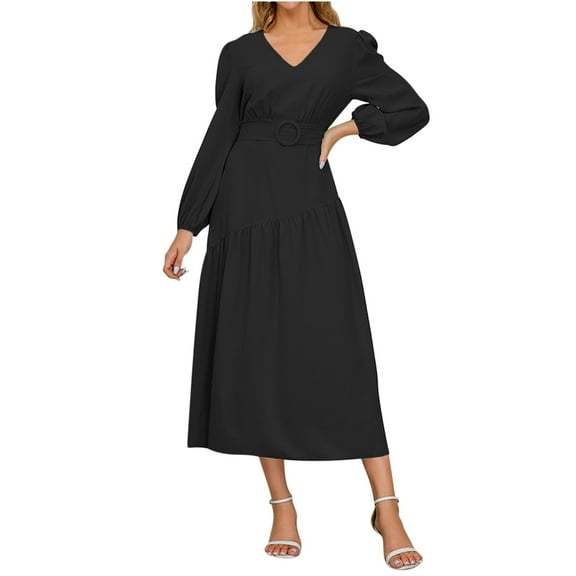 Fashion 2023 Lindreshi Fall Dresses for Women 2023 Homecoming Dresses Women's Fashion Vintage V Neck Long Sleeve Solid Dresses