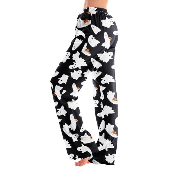 1-Pc Ghost Print Elastic Waist Pajama Pants for Women, Halloween Loose Fit Lounge Bottoms — No Drawstring Sleepwear with Pumpkin Graphic Comfy Night Trousers Black L
