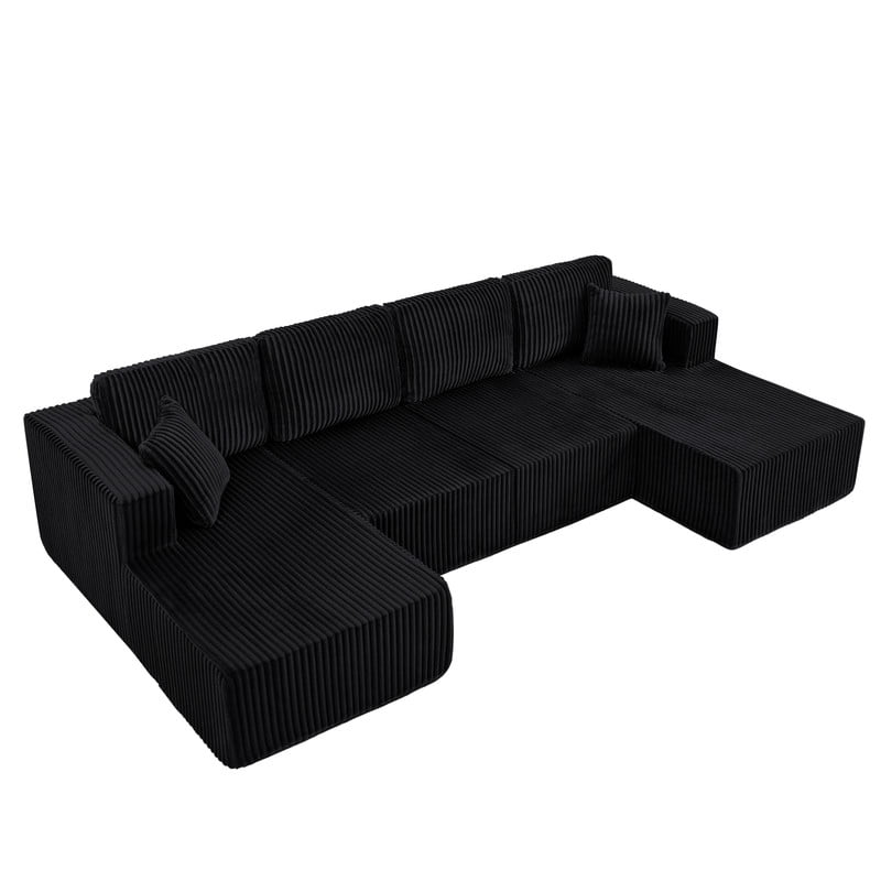 161" Oversized U Shaped Modular Sectional Sofa, Compressed Sofa in a Box, Modern Corduroy Deep Seat Couch, No Assembly Large Sectional Sofa for Living Room, Apartment, Bedroom, Black