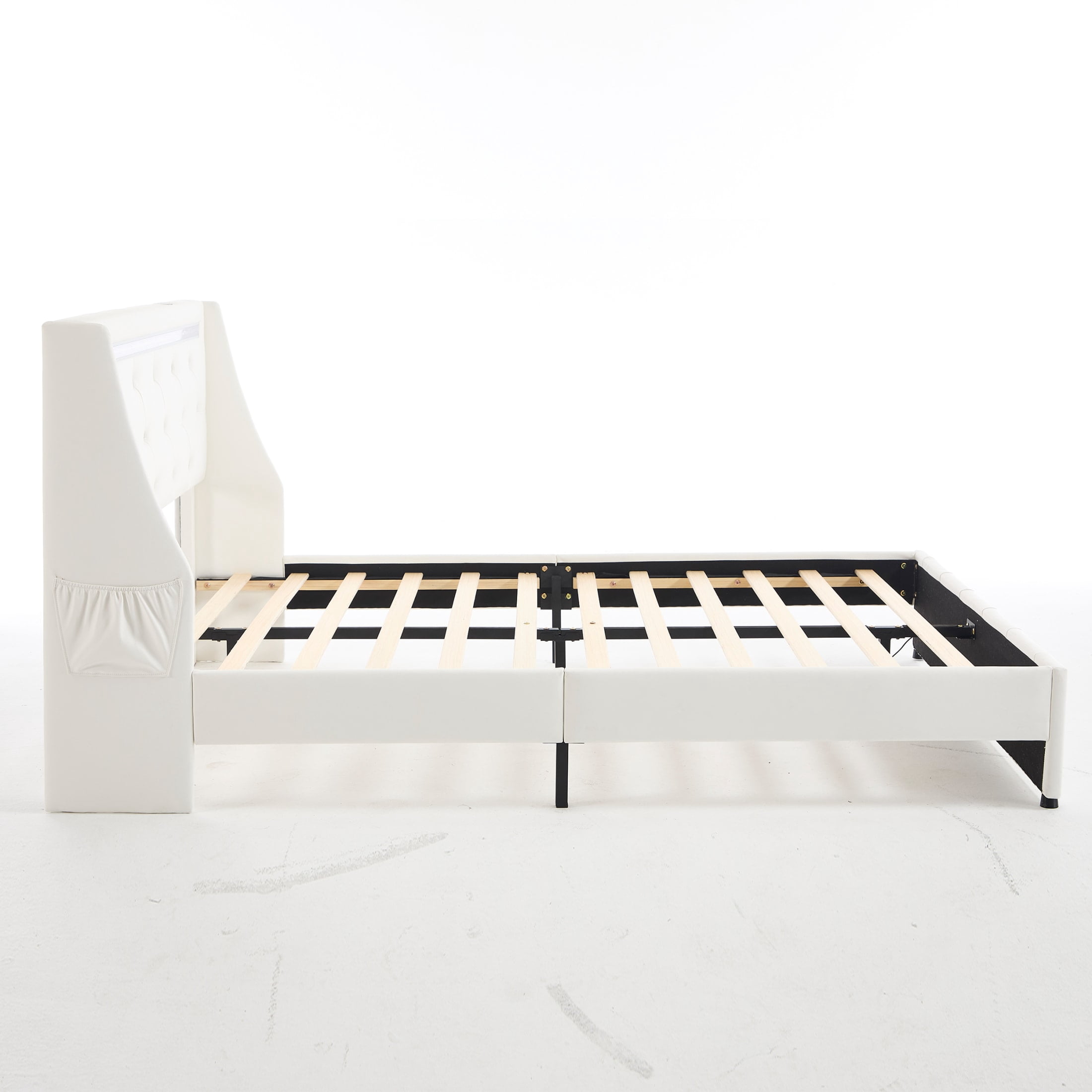 Noble House Eille Queen Size Upholstered Bed Frame with LED Lights & Charging Station, Diamond Headboard, White