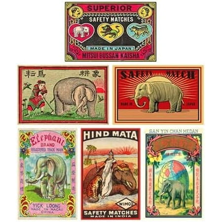 

Decorative Mini Matchbook Set Of 6 Strike-On Box Matches Candle And Fireplace Wood Matches (Vintage Elephants)
