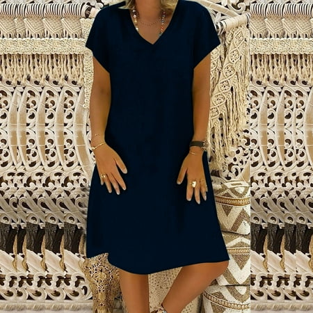 

Jsaierl Womens Cotton Linen Dresses Casual Summer Short Sleeve Midi Dress Elegant Solid Color Round Neck Dress Vacation Soft Dresses 2023