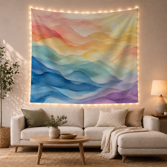 Layered Mountains under a Pale Sun, Dreamy Watercolor for Nature Lovers, Mountain Wall Art, Housewarming Gift, Tapestry Wall Hanging for Bedroom and Living Room