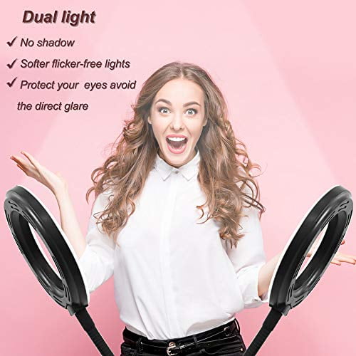 SICCOO Ring light,protect eyes and reduce visual fatigue, double ring light  with mirror on desktop 5 inch 3200-6500K, Dimmable makeup light for Live 
