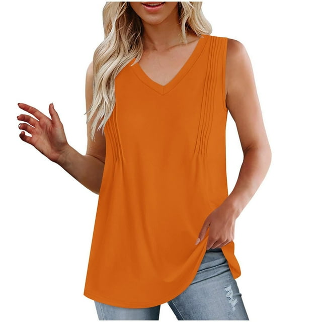 Timegard Débardeurs pour Femmes Col en V Sans Manches Froncés Couleur Unie Tunique Décontractée Confortable pour Leggings