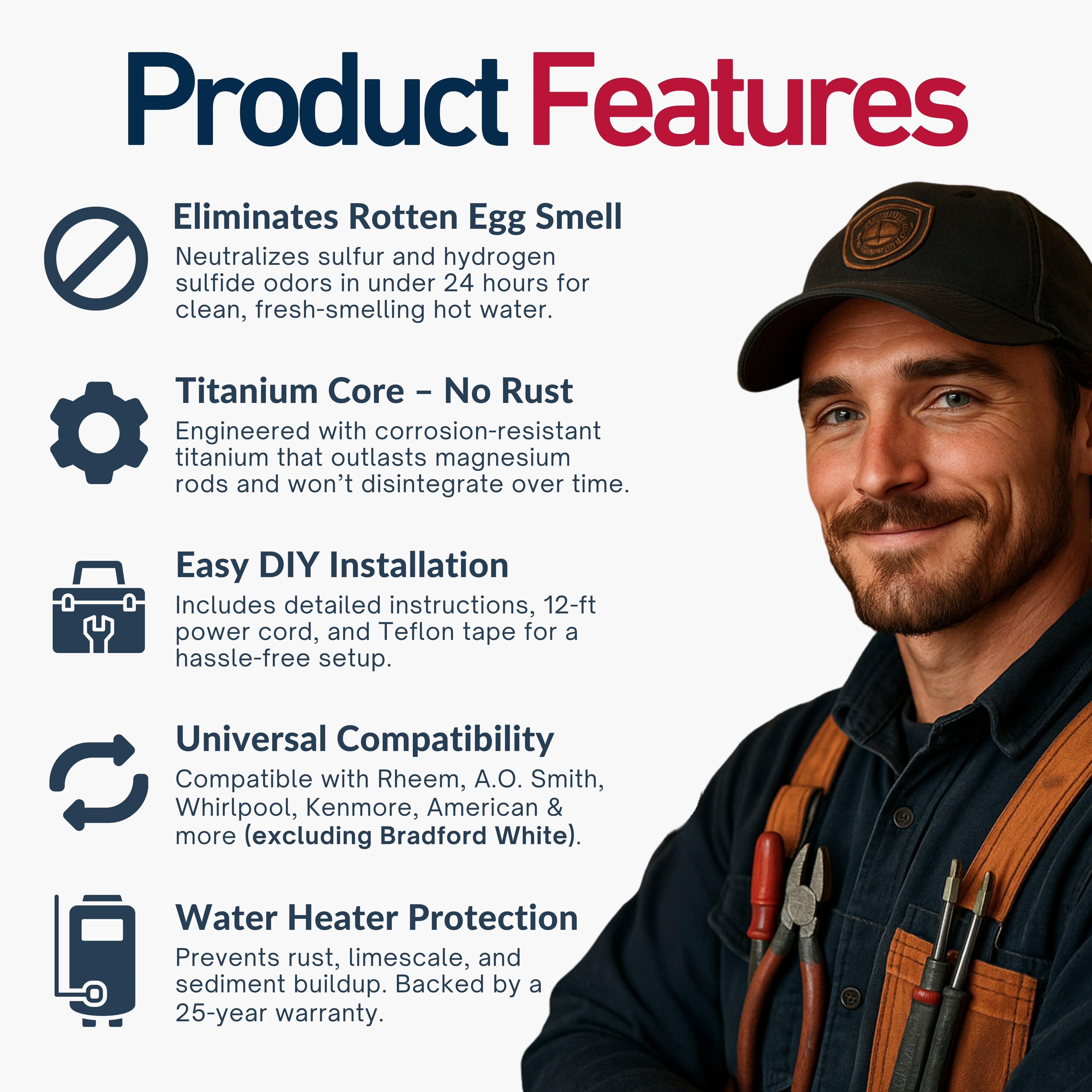 Powered Anode Rod for Hot Water Heater (40-90 Gallon), 25-Year Warranty, Eliminates Rotten Egg & Sulfur Smell in 24 Hours, Stops Corrosion, Fast Installation, Titanium Built, Universal Fit, 1 Pack