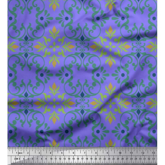Soimoi Purple Silk Fabric Vector Design Damask Printed Fabric 1 Yard 44 Inch Wide