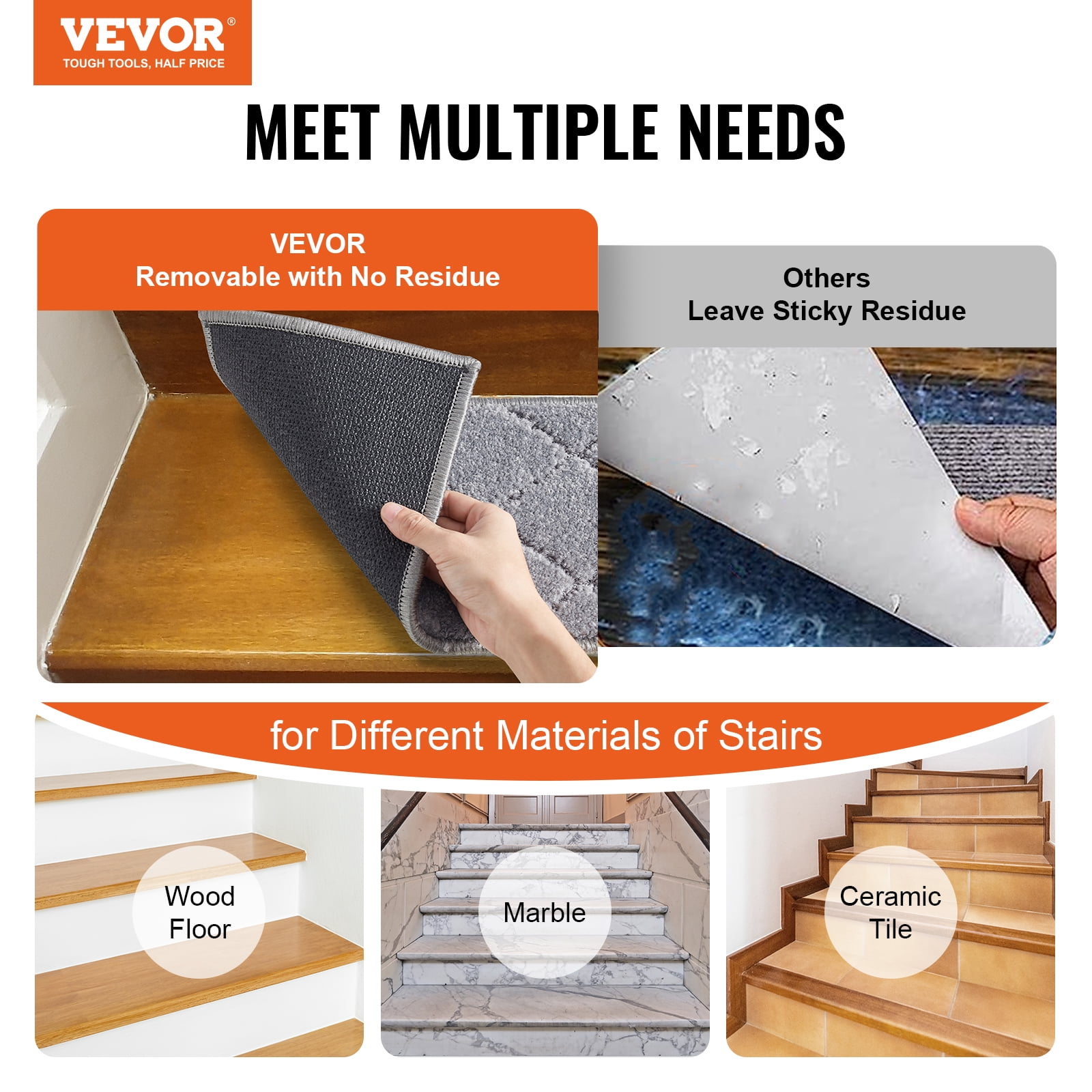 VEVOR Stair Treads 9" x 28" Stairs Carpet Non Slip 15 pcs Indoor Stair Runner for Wooden Steps, Anti Slip Carpet Soft Edging Stair Rugs Mats for Kids Elders and Dogs, Gray