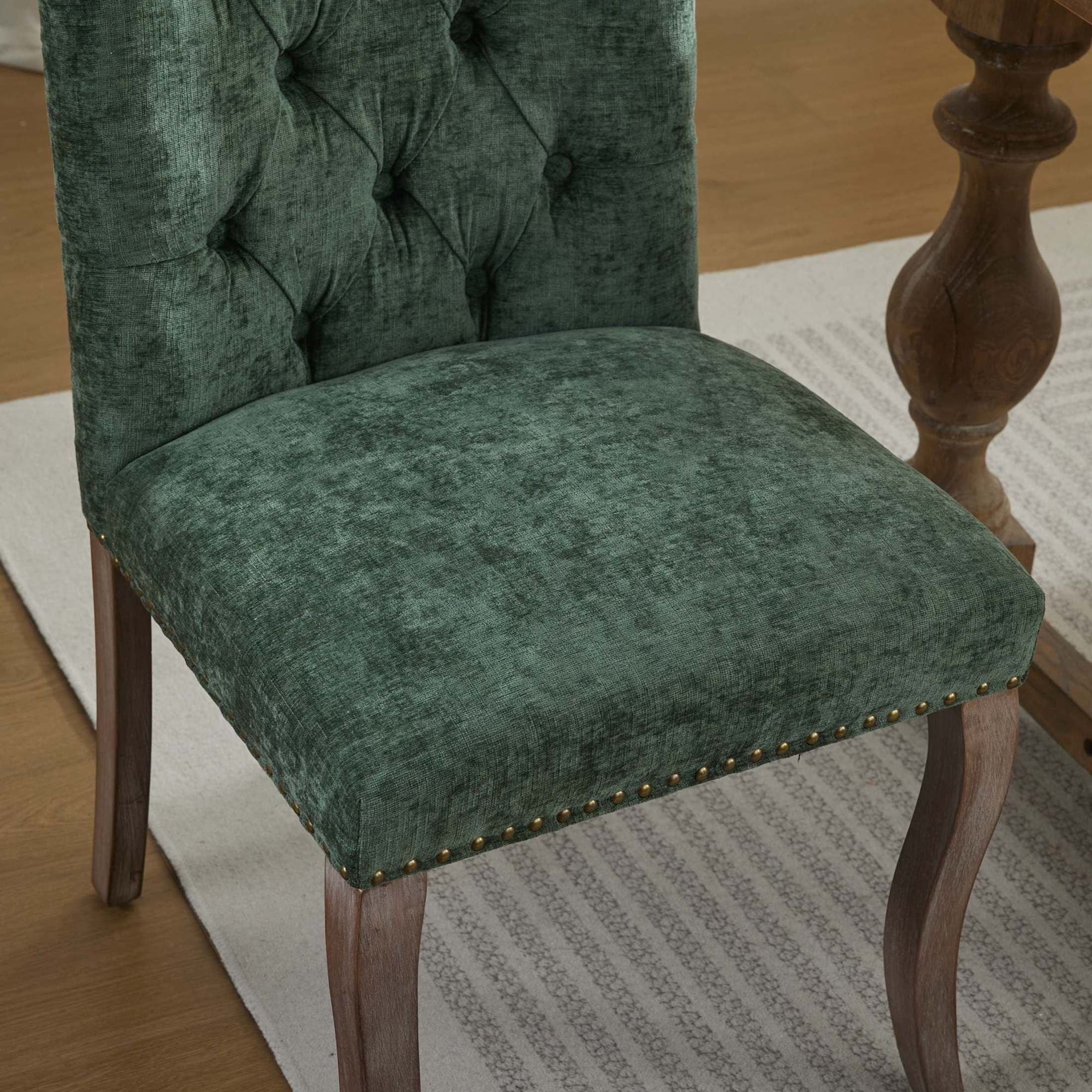 Noble House Set of 2 Tufted Chenille Upholstered Dining Chairs, Curved Solid Wood Legs, Olive Green