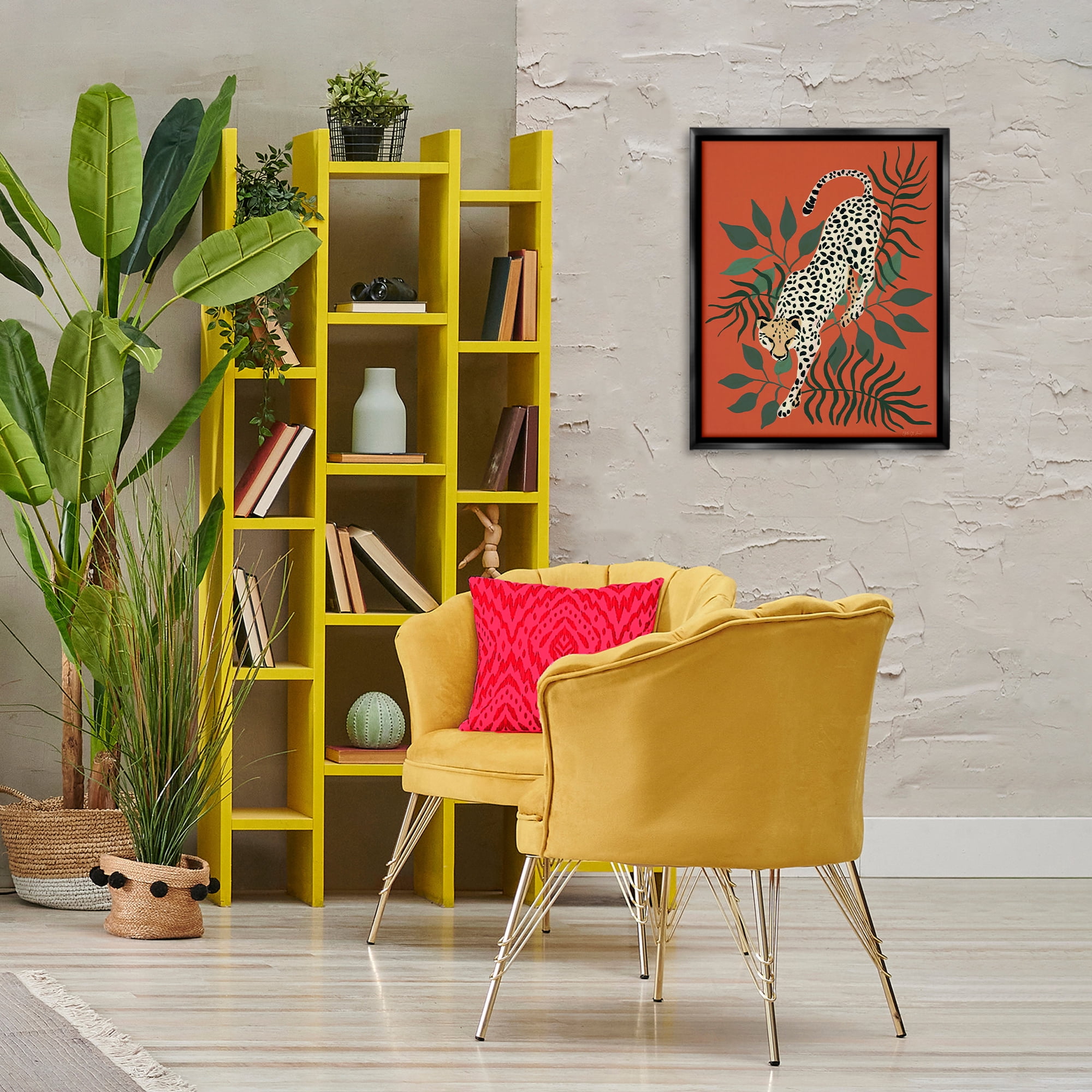 Stupell Industries Stepping Cheetah & Leaves Animals & Insects Painting Black Floater Framed Canvas Art Print Wall Art, 17 x 21