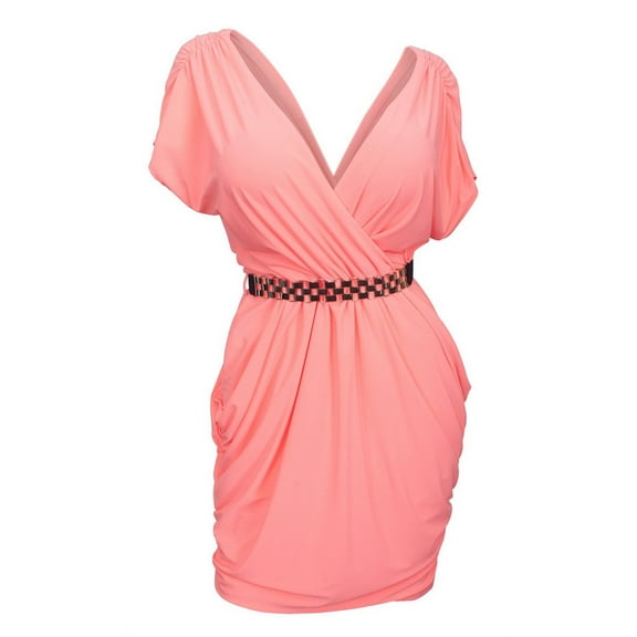 Plus size Deep V-Neck Wrap Bodice Dress Coral