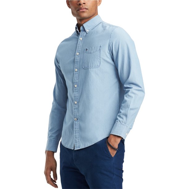 Tommy Hilfiger Camisa con botones de cambray para hombre, azul, XS