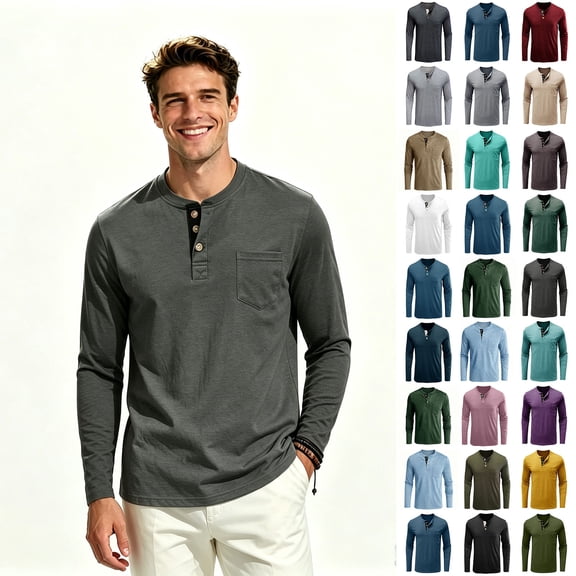 ClodeEU Men's Long Sleeve Henley Shirt with Chest Pocket, Soft Stretch Everyday Henley Top for Men, Big and Tall, Size S-3XL