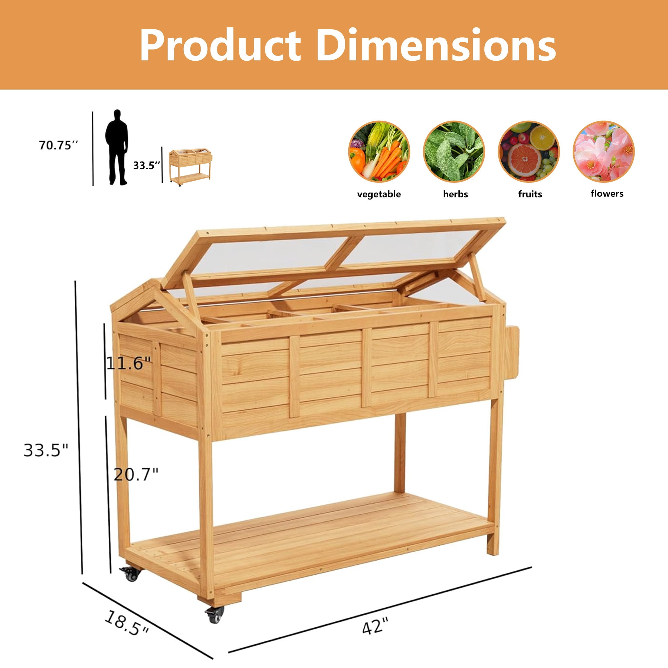 Mobile Raised Garden Bed, Elevated Wooden Planter Box Cart with Storage Shelf ,Cold Frame with Translucent PC Protection,Nature