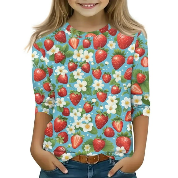 XADYUY Girls Shirts 3/4 Sleeve Crewneck Strawberry Graphic Toddler Tops Girls Summer Fashion Cotton Toddler Girls T-Shirts Cute Girls Blouse 3-4 Years,Red