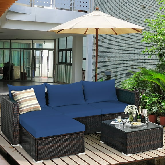 Gymax 5PCS Cushioned Rattan Patio Conversation Set w/ Ottoman Navy Cushion