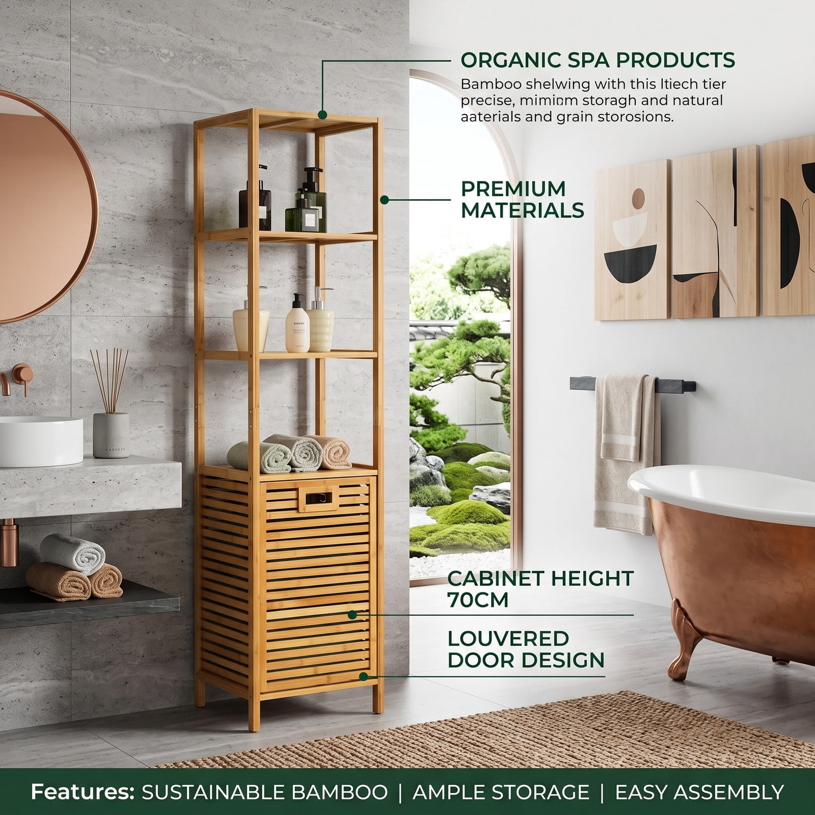 Fenbeli Bamboo Tower Laundry Hamper Organizer with 3-Tier Storage Shelves, Tilt-Out Oxford Basket, 2-in-1 Freestanding Bathroom Linen Cabinet for Closet, Natural
