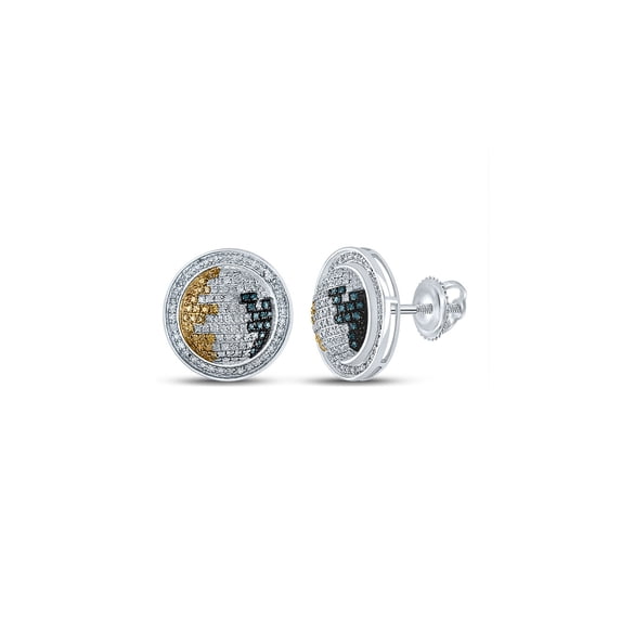 FB Jewels Sterling Silver Mens Round Blue Yellow Color Enhanced Diamond Circle Earrings 3/4 Cttw