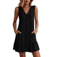 thumbnail image 2 of Bxsruta Women's Summer Fashion Solid Casual Sleeveless V Neck Loose Fit Tiered Ruffle Hem Mini Smock Flowy Dress Pull on Comfortable Daily Party Wedding Dance, 2 of 5