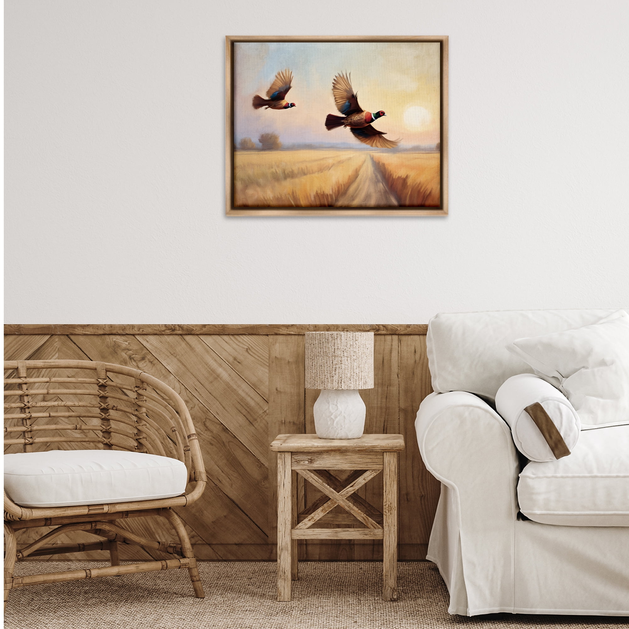 Stupell Industries Fall Flight Pheasants Landscape & Nature Painting Brown Floater Framed Canvas Art Print Wall Art, 31 x 25