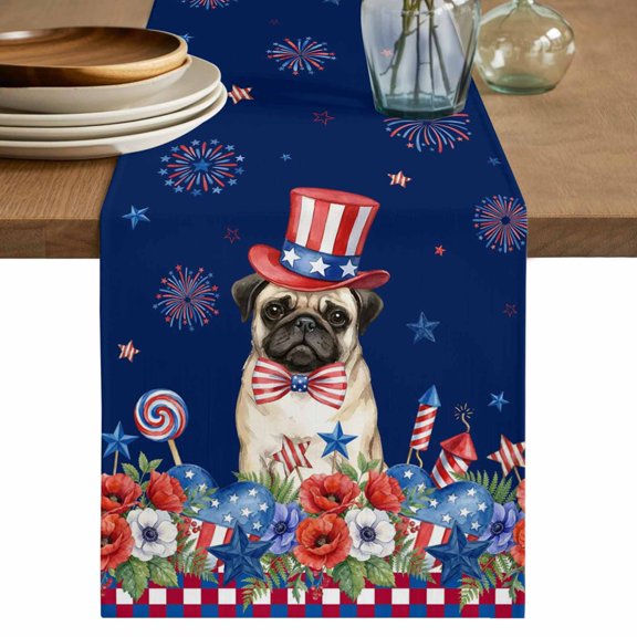 4th of July Table Runner 72 Inches, Independence Day Patriotic Flowers Dogs Blue Bed Runner Dresser Scarves Tabletop for Indoor Outdoor Parties/Ceremony/Banquet, 16" x 72"