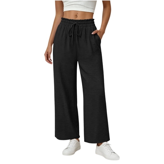 GUACER Womens Wide Leg Linen Blend Pants High Waist Drawstring Casual Lounge Trousers with Pockets