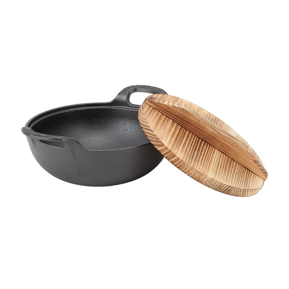 BIMZUC 20cm Cast Iron Wok with Dual Handles & Wooden Lid – Flat Base, Uncoated, Ideal for Authentic Asian Stir‑Fry, Grill & Steam