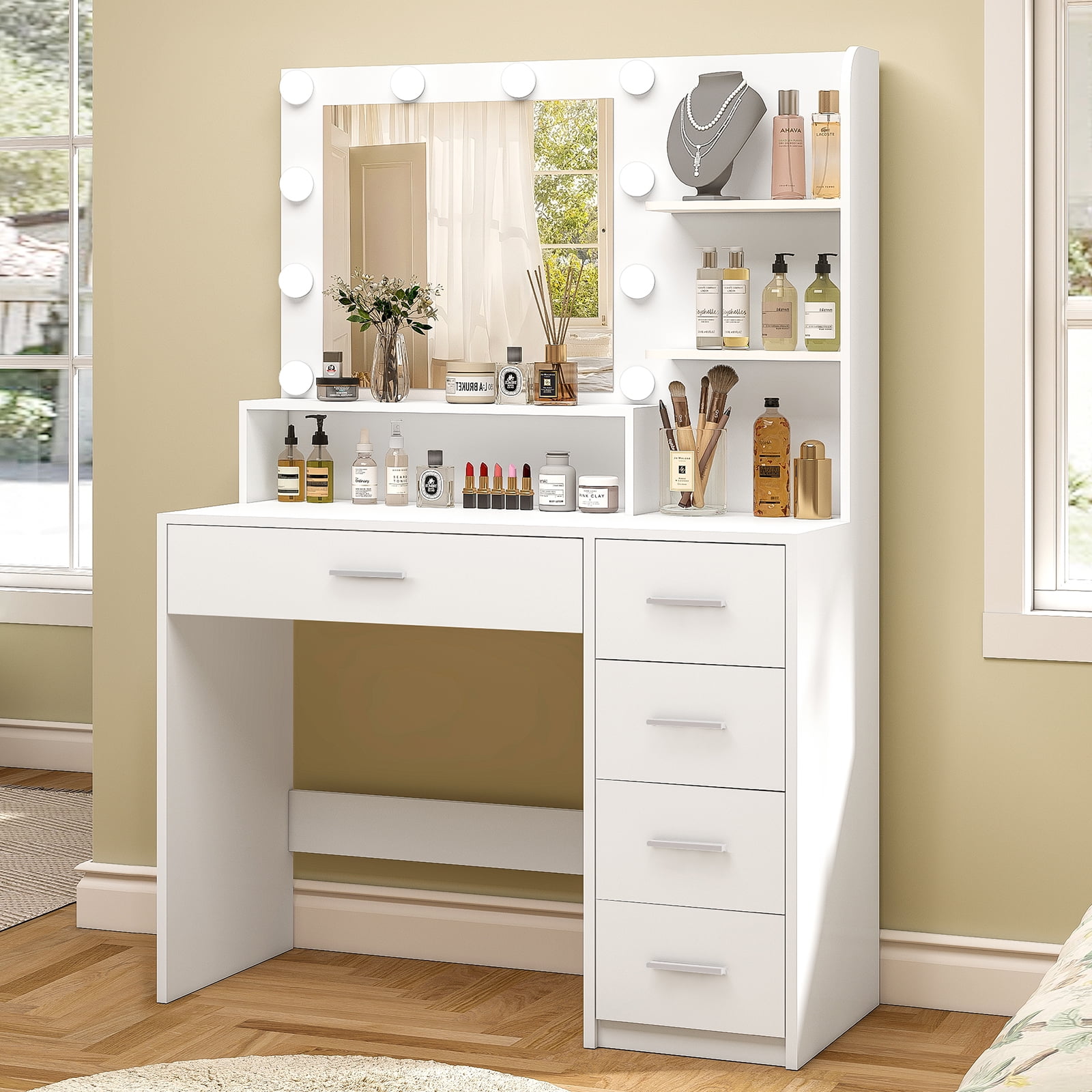SOMLINE Vanity Set with Mirror, Vanity Desk with 5 Drawers & Storage Shelves, Makeup Vanity , 3 Color Modes & Adjustable Brightness, Bedroom, White