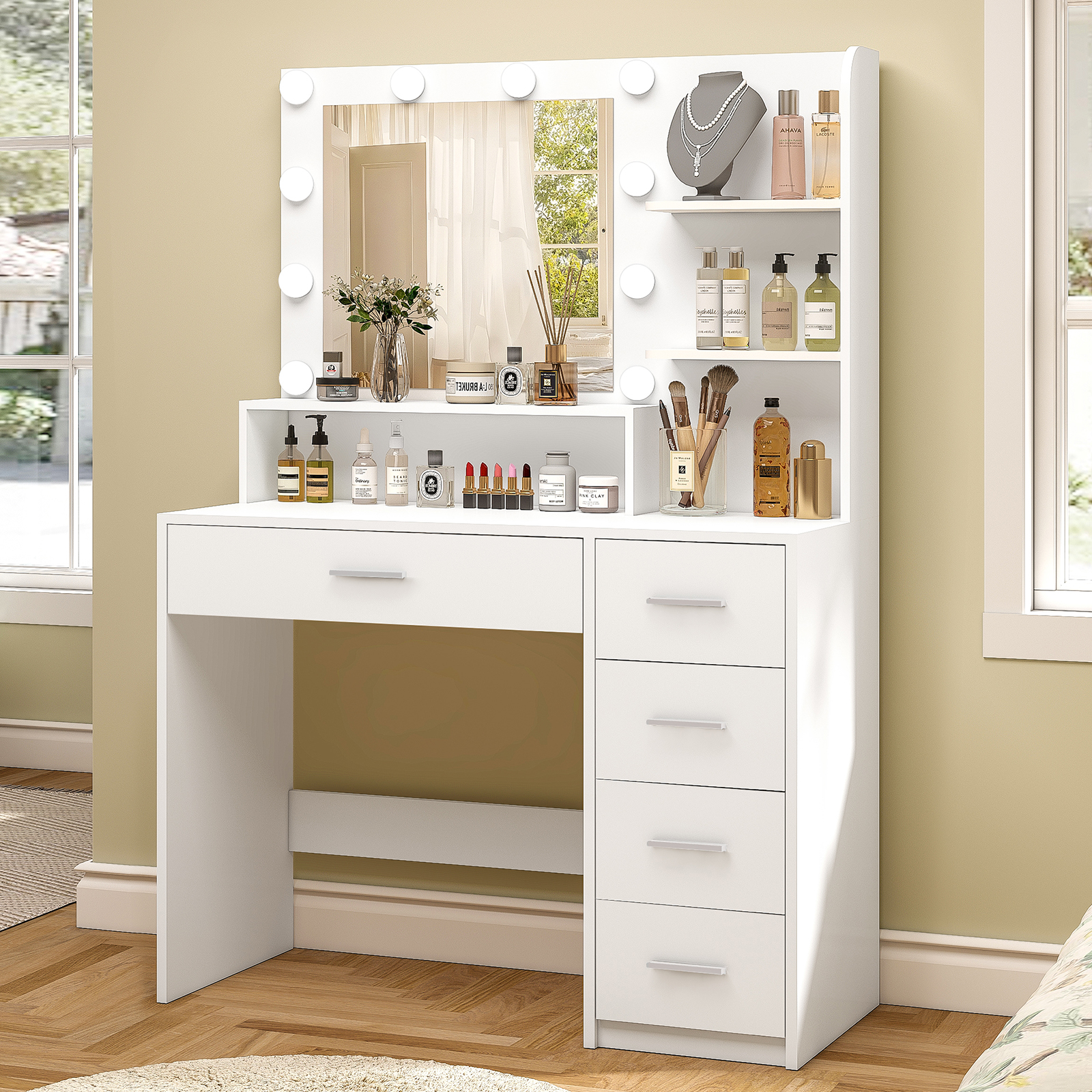 SOMLINE White Vanity Set with 5 Drawers and LED Mirror photo 4
